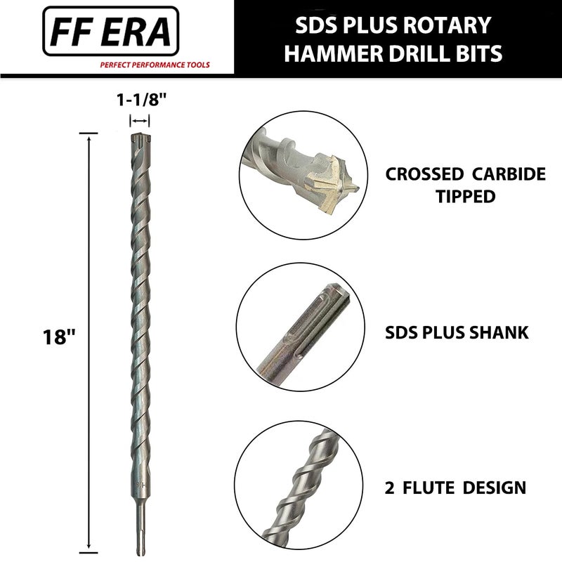 FF ERA 1-1/8 Inch x 18 Inch SDS Plus Rotary Hammer Drill Bit, Carbide Tipped for Brick, Stone, and Concrete (1-1/8" x 18") - Image 2